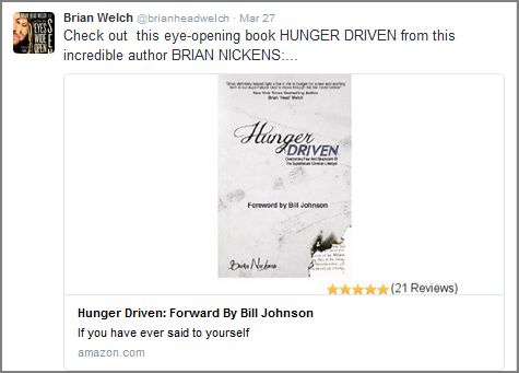 Capture Brian Head Welch - Tweet 3-27-16 - promotes book Hunger Driven by Brian Nickens - Bill Johnson wrote the forward - Tweet 2